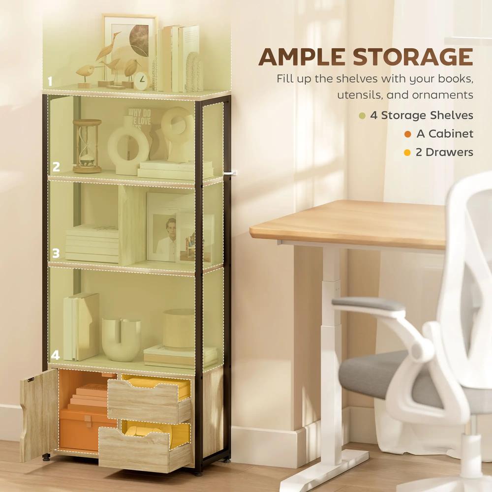 HOMCOM 4-Tier Bookcase, Bookshelf with 1 Cabinet and 2 Drawers for Living Room, Bedroom, Study, Natural Wood Additional View 4