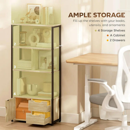 HOMCOM 4-Tier Bookcase, Bookshelf with 1 Cabinet and 2 Drawers for Living Room, Bedroom, Study, Natural Wood Additional View 4