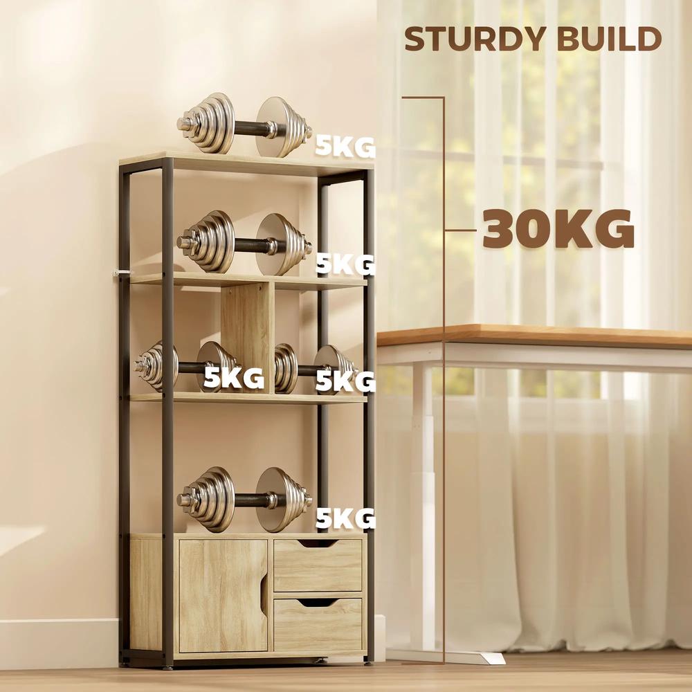 HOMCOM 4-Tier Bookcase, Bookshelf with 1 Cabinet and 2 Drawers for Living Room, Bedroom, Study, Natural Wood Additional View 5