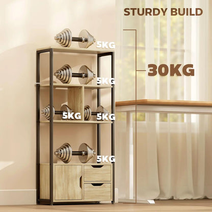 HOMCOM 4-Tier Bookcase, Bookshelf with 1 Cabinet and 2 Drawers for Living Room, Bedroom, Study, Natural Wood Additional View 5
