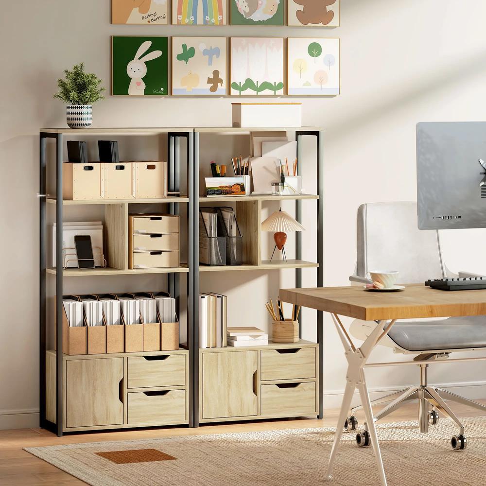 HOMCOM 4-Tier Bookcase, Bookshelf with 1 Cabinet and 2 Drawers for Living Room, Bedroom, Study, Natural Wood Additional View 8