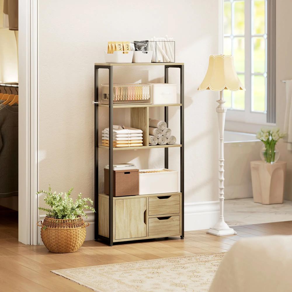 HOMCOM 4-Tier Bookcase, Bookshelf with 1 Cabinet and 2 Drawers for Living Room, Bedroom, Study, Natural Wood Additional View 9