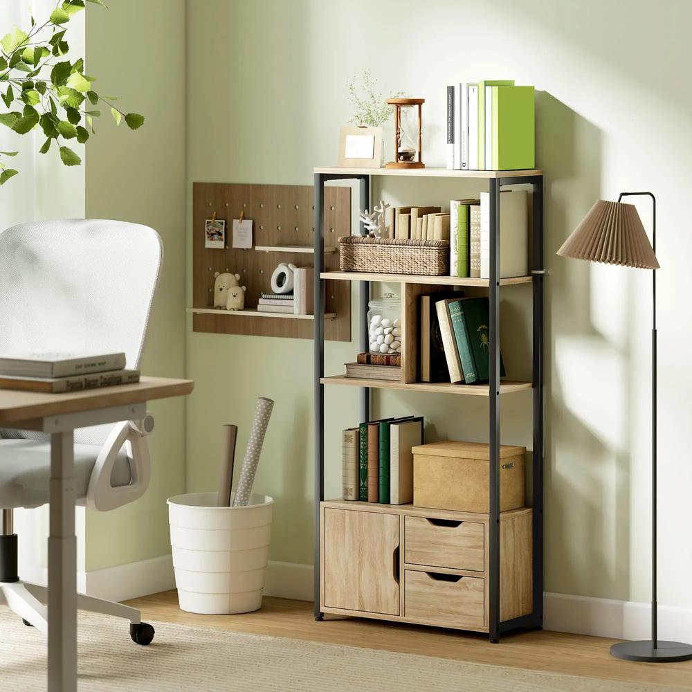 HOMCOM 4-Tier Bookcase, Bookshelf with 1 Cabinet and 2 Drawers for Living Room, Bedroom, Study, Natural Wood Additional View 10