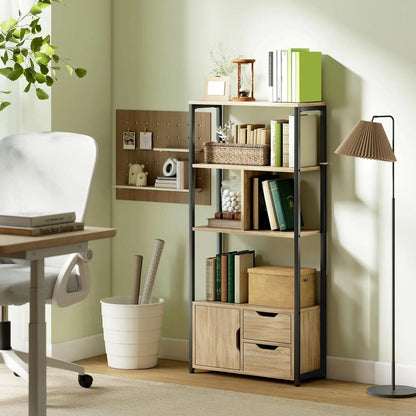 HOMCOM 4-Tier Bookcase, Bookshelf with 1 Cabinet and 2 Drawers for Living Room, Bedroom, Study, Natural Wood Additional View 10