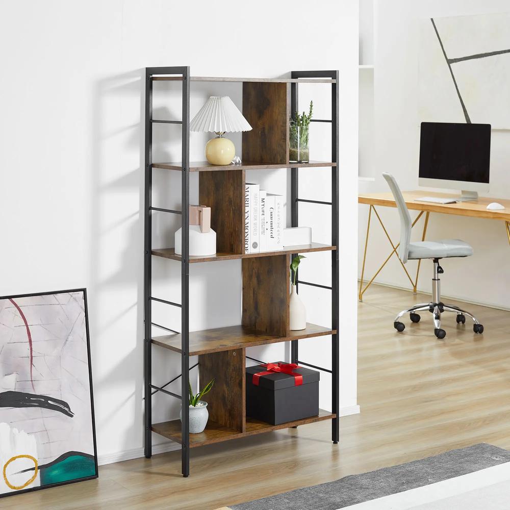 HOMCOM Industrial Storage Unit, 5 Tiers Bookcase with Open Compartments for Office Living Room, Bedroom, Rustic Brown and Black Additional View 12