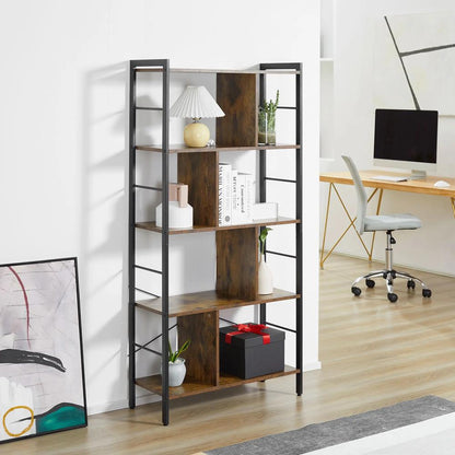 HOMCOM Industrial Storage Unit, 5 Tiers Bookcase with Open Compartments for Office Living Room, Bedroom, Rustic Brown and Black Additional View 12