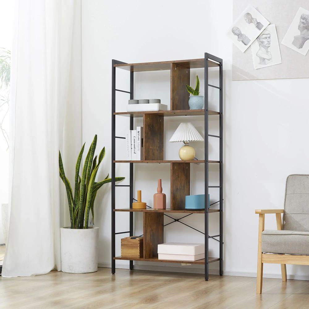 HOMCOM Industrial Storage Unit, 5 Tiers Bookcase with Open Compartments for Office Living Room, Bedroom, Rustic Brown and Black Additional View 2