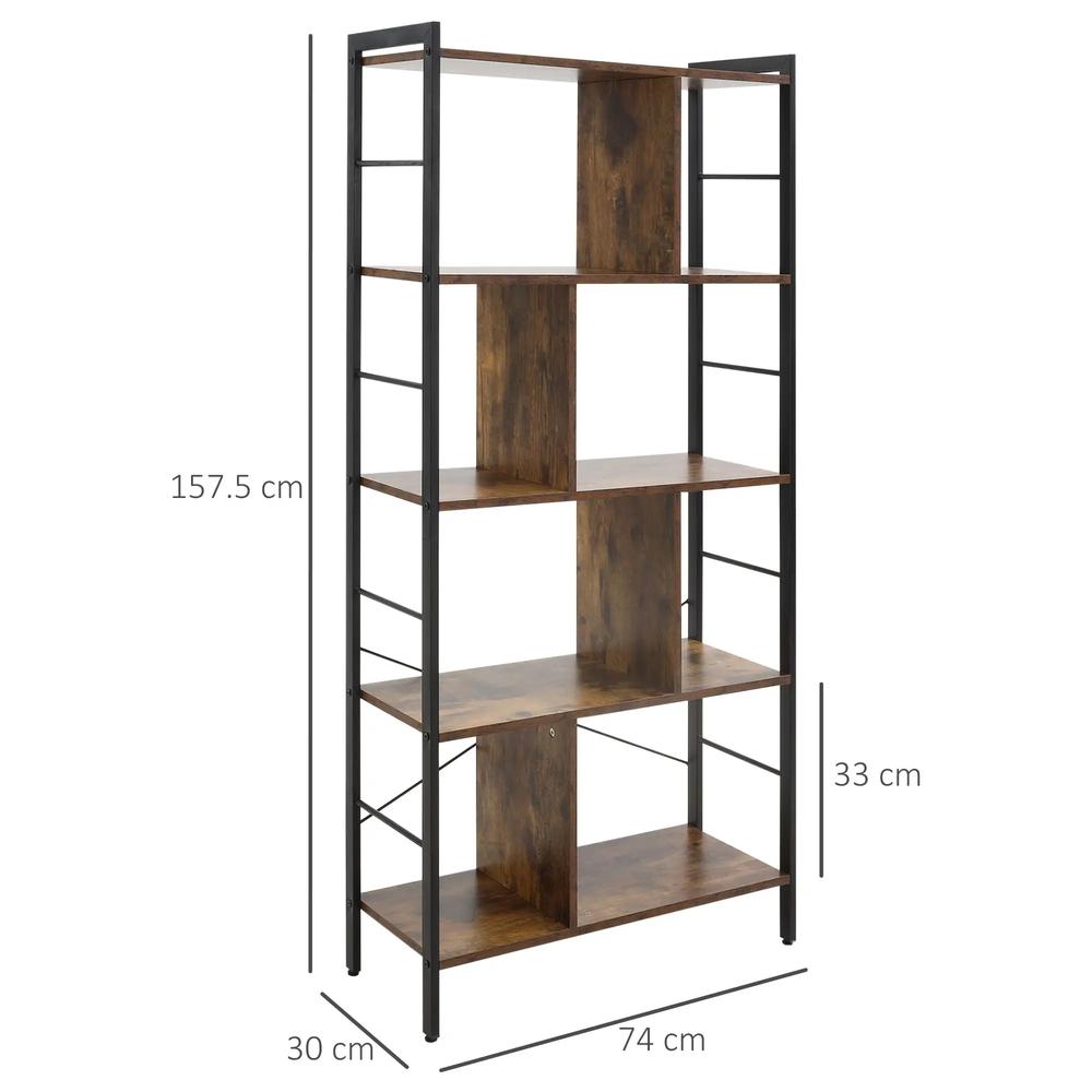 HOMCOM Industrial Storage Unit, 5 Tiers Bookcase with Open Compartments for Office Living Room, Bedroom, Rustic Brown and Black Additional View 3