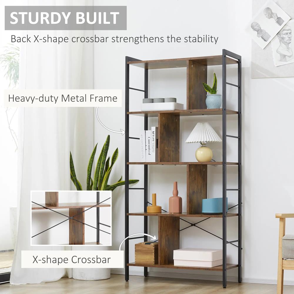 HOMCOM Industrial Storage Unit, 5 Tiers Bookcase with Open Compartments for Office Living Room, Bedroom, Rustic Brown and Black Additional View 4