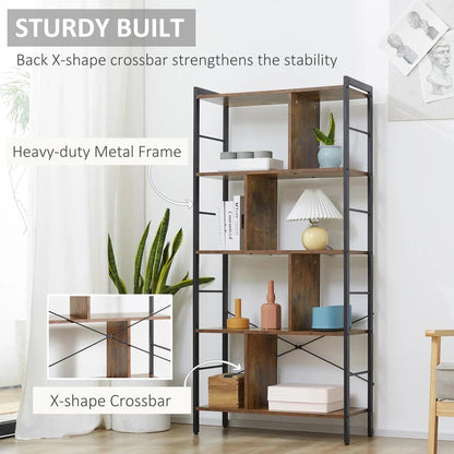 HOMCOM Industrial Storage Unit, 5 Tiers Bookcase with Open Compartments for Office Living Room, Bedroom, Rustic Brown and Black Additional View 4