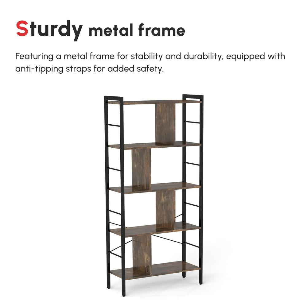 HOMCOM Industrial Storage Unit, 5 Tiers Bookcase with Open Compartments for Office Living Room, Bedroom, Rustic Brown and Black Additional View 7