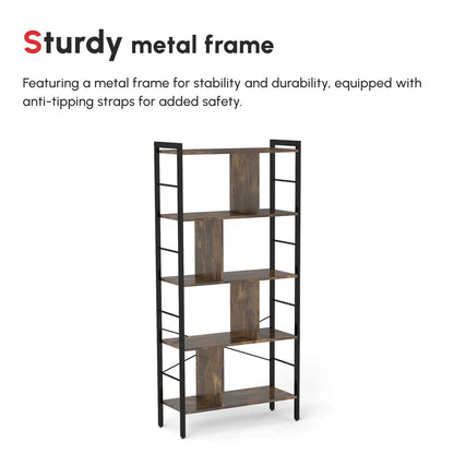 HOMCOM Industrial Storage Unit, 5 Tiers Bookcase with Open Compartments for Office Living Room, Bedroom, Rustic Brown and Black Additional View 7