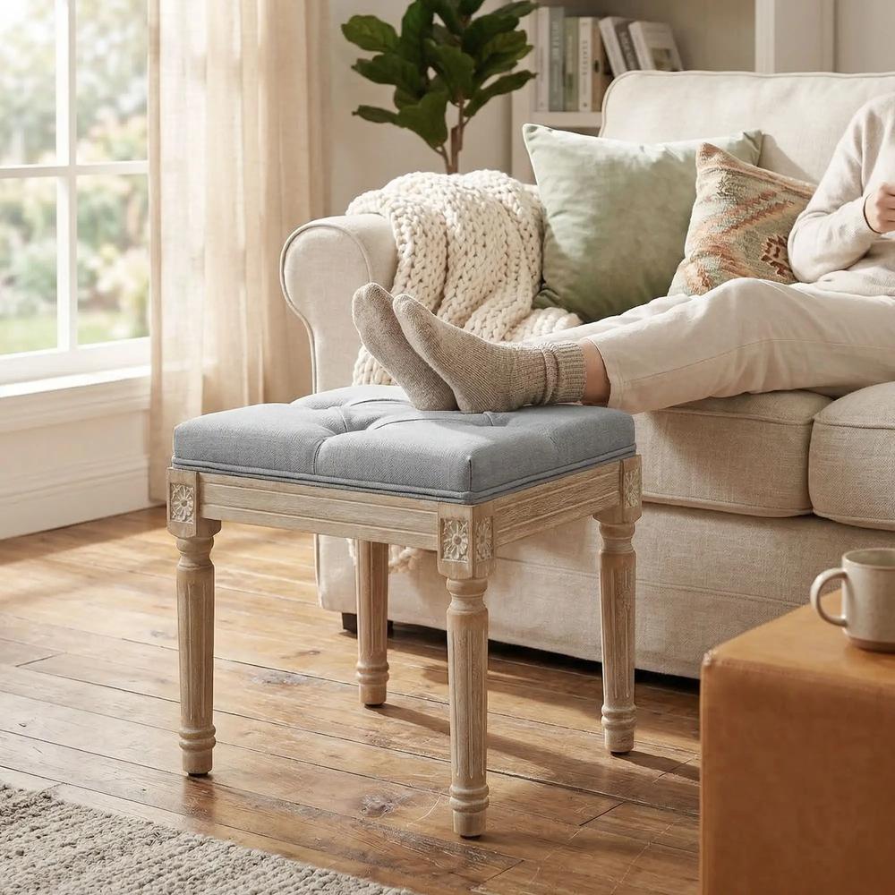 HOMCOM Vintage Foot Stool, Tufted Square Footrest with Wood Legs, Light Grey Additional View 2