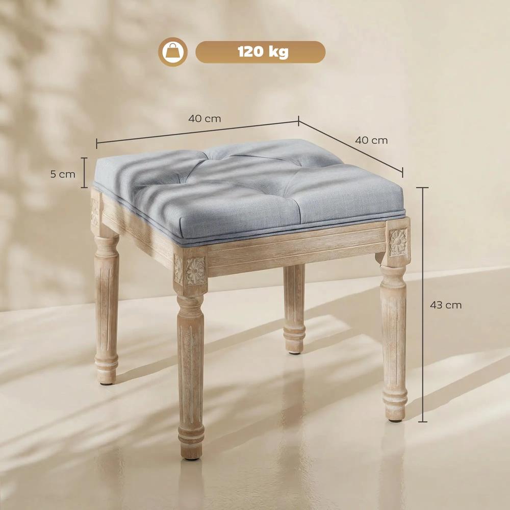 HOMCOM Vintage Foot Stool, Tufted Square Footrest with Wood Legs, Light Grey Additional View 3