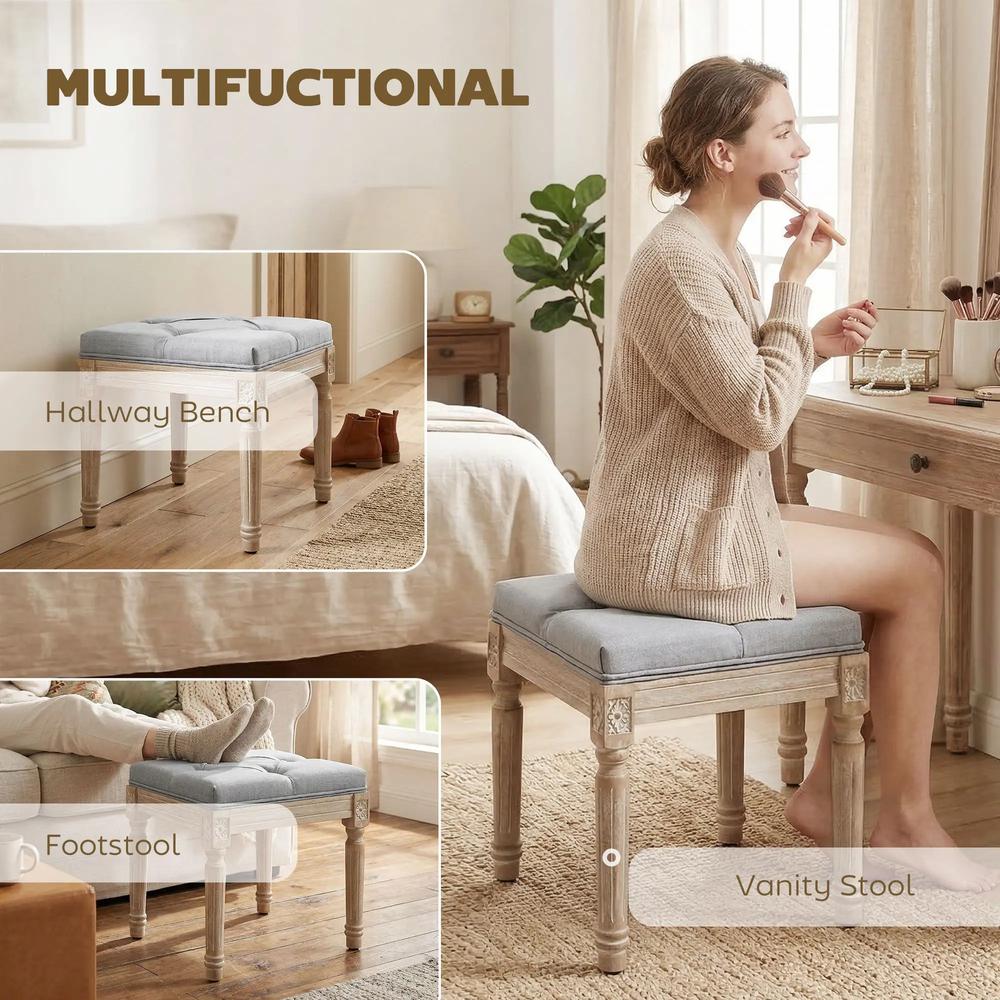 HOMCOM Vintage Foot Stool, Tufted Square Footrest with Wood Legs, Light Grey Additional View 6