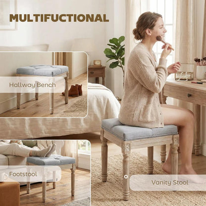 HOMCOM Vintage Foot Stool, Tufted Square Footrest with Wood Legs, Light Grey Additional View 6
