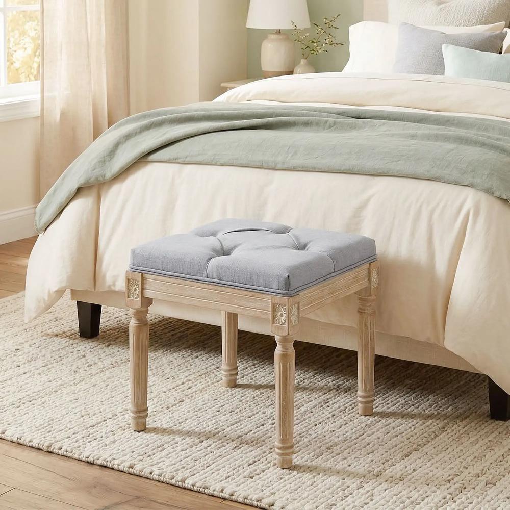 HOMCOM Vintage Foot Stool, Tufted Square Footrest with Wood Legs, Light Grey Additional View 7