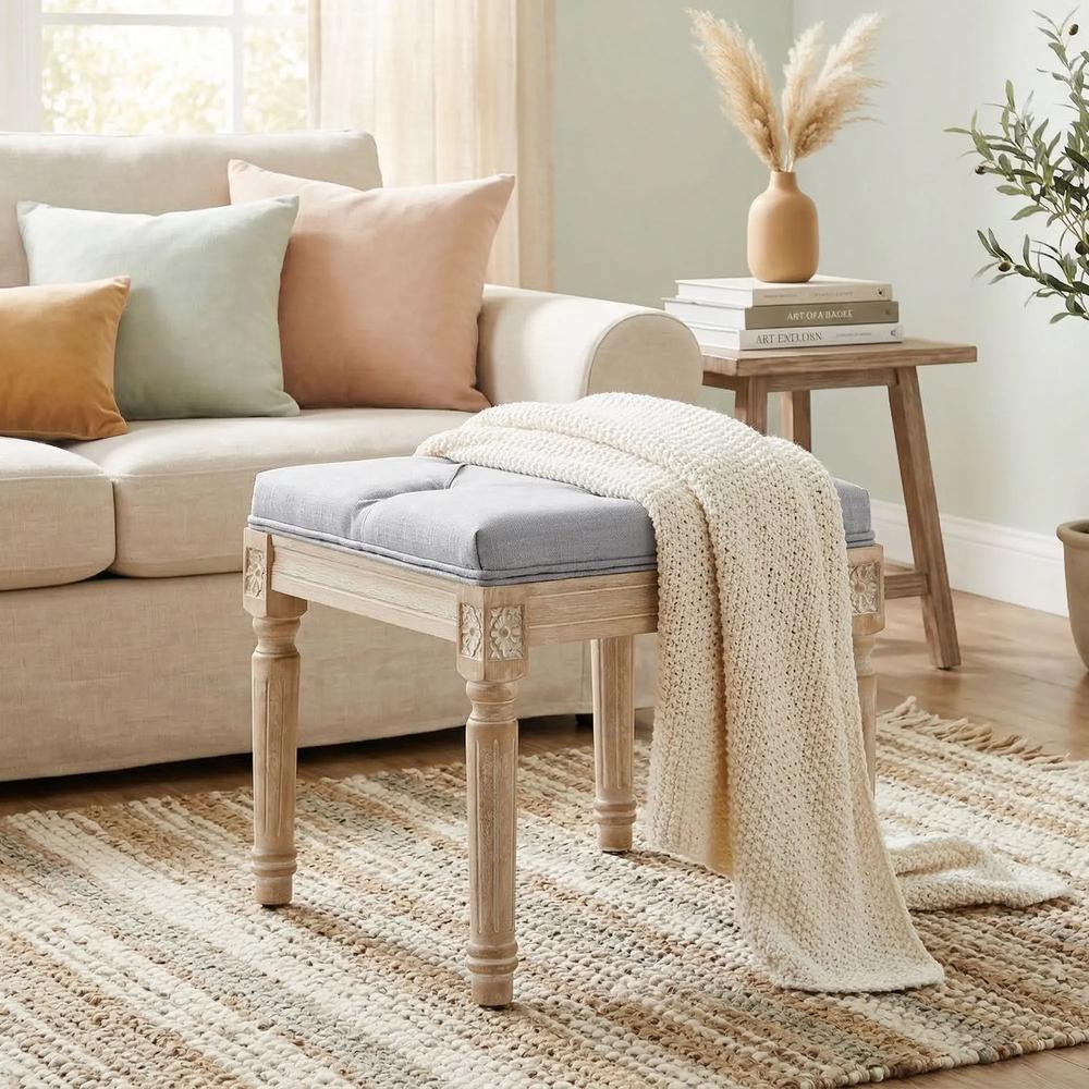 HOMCOM Vintage Foot Stool, Tufted Square Footrest with Wood Legs, Light Grey Additional View 8