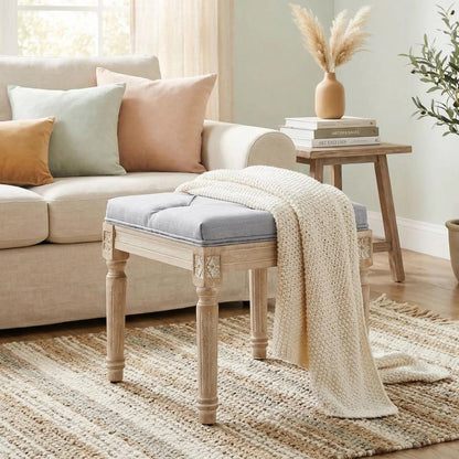 HOMCOM Vintage Foot Stool, Tufted Square Footrest with Wood Legs, Light Grey Additional View 8