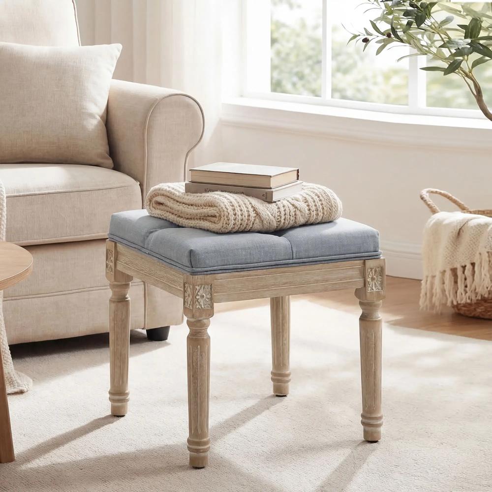 HOMCOM Vintage Foot Stool, Tufted Square Footrest with Wood Legs, Light Grey Additional View 10