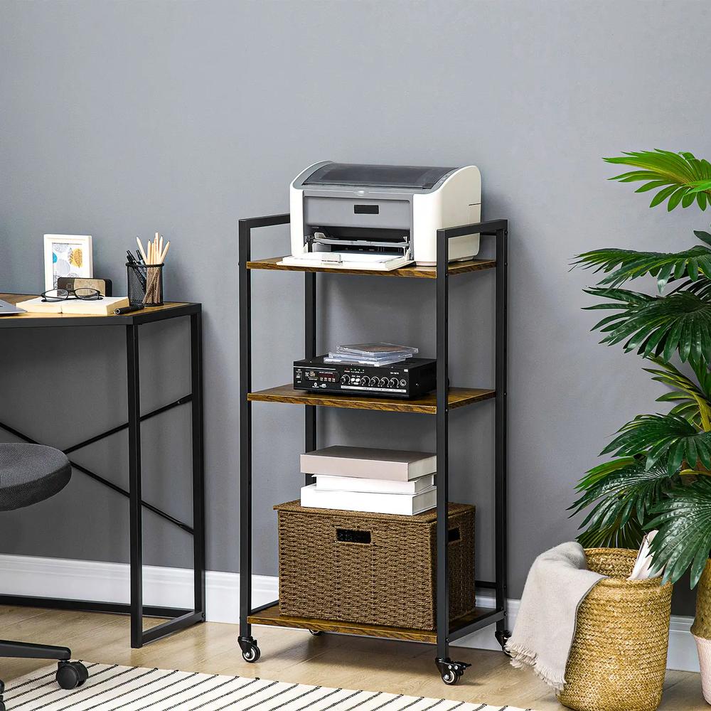 HOMCOM 3-Tier Printer Stand, Utility Cart, Rolling Trolley with Adjustable Shelves with Lockable Wheels for Home Office, Rustic Brown Additional View 2