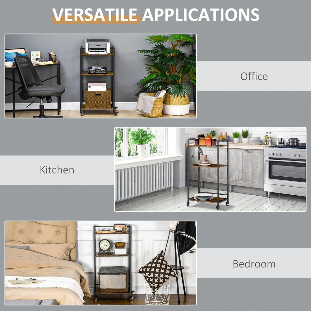 HOMCOM 3-Tier Printer Stand, Utility Cart, Rolling Trolley with Adjustable Shelves with Lockable Wheels for Home Office, Rustic Brown Additional View 5