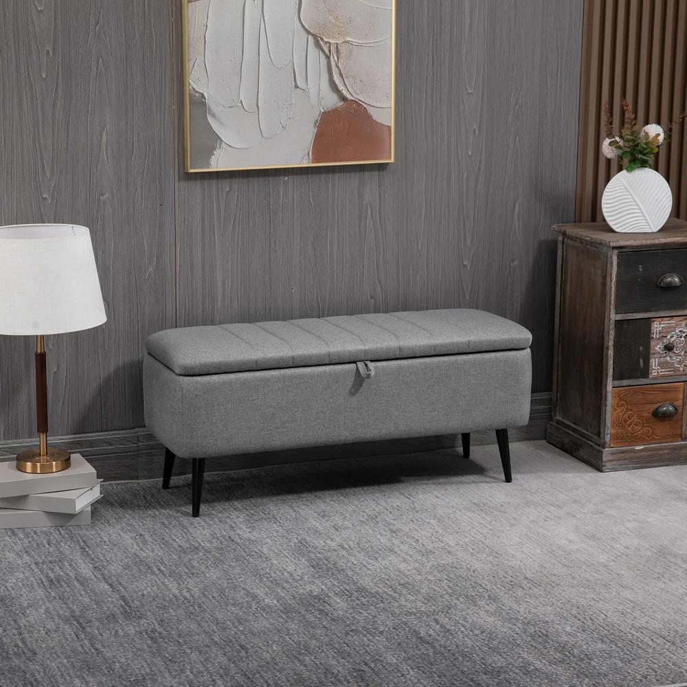HOMCOM Storage Ottoman with Flip Top, Rectangular Upholstered Bench, Linen Look Fabric Footstool with Steel Legs for Living Room, Bedroom, Grey Additional View 2