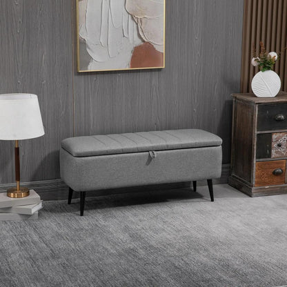 HOMCOM Storage Ottoman with Flip Top, Rectangular Upholstered Bench, Linen Look Fabric Footstool with Steel Legs for Living Room, Bedroom, Grey Additional View 2