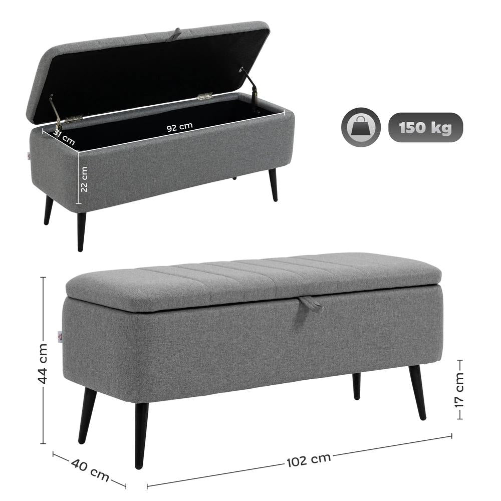 HOMCOM Storage Ottoman with Flip Top, Rectangular Upholstered Bench, Linen Look Fabric Footstool with Steel Legs for Living Room, Bedroom, Grey Additional View 3