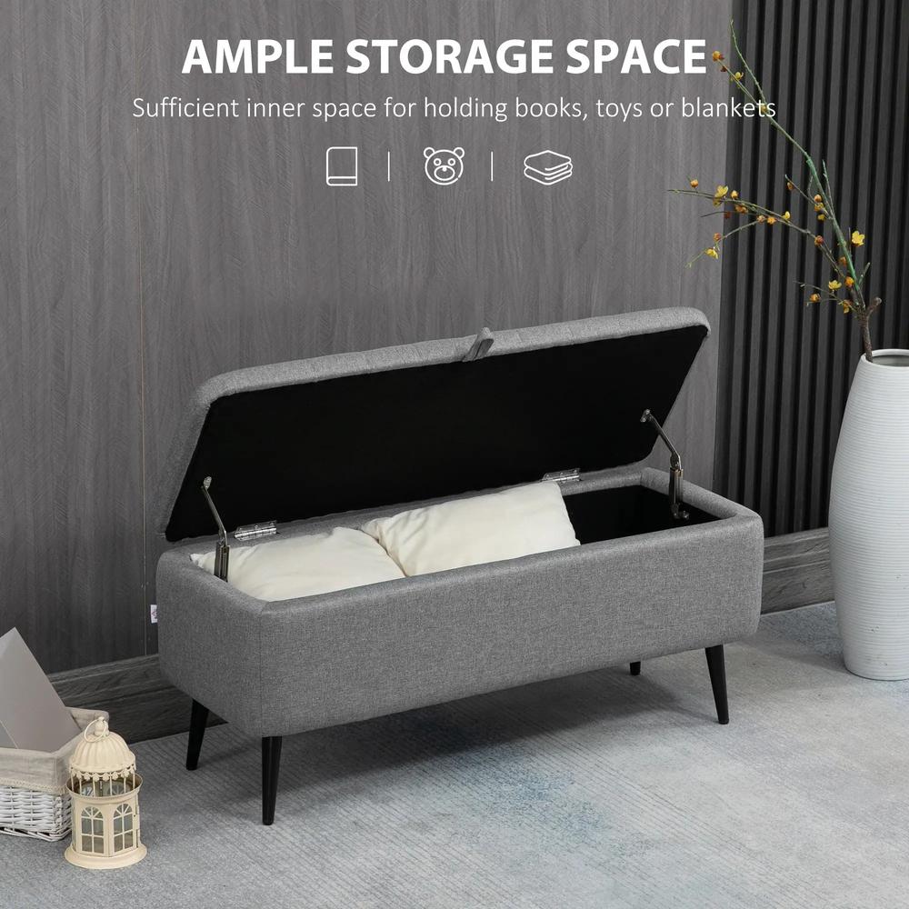 HOMCOM Storage Ottoman with Flip Top, Rectangular Upholstered Bench, Linen Look Fabric Footstool with Steel Legs for Living Room, Bedroom, Grey Additional View 4