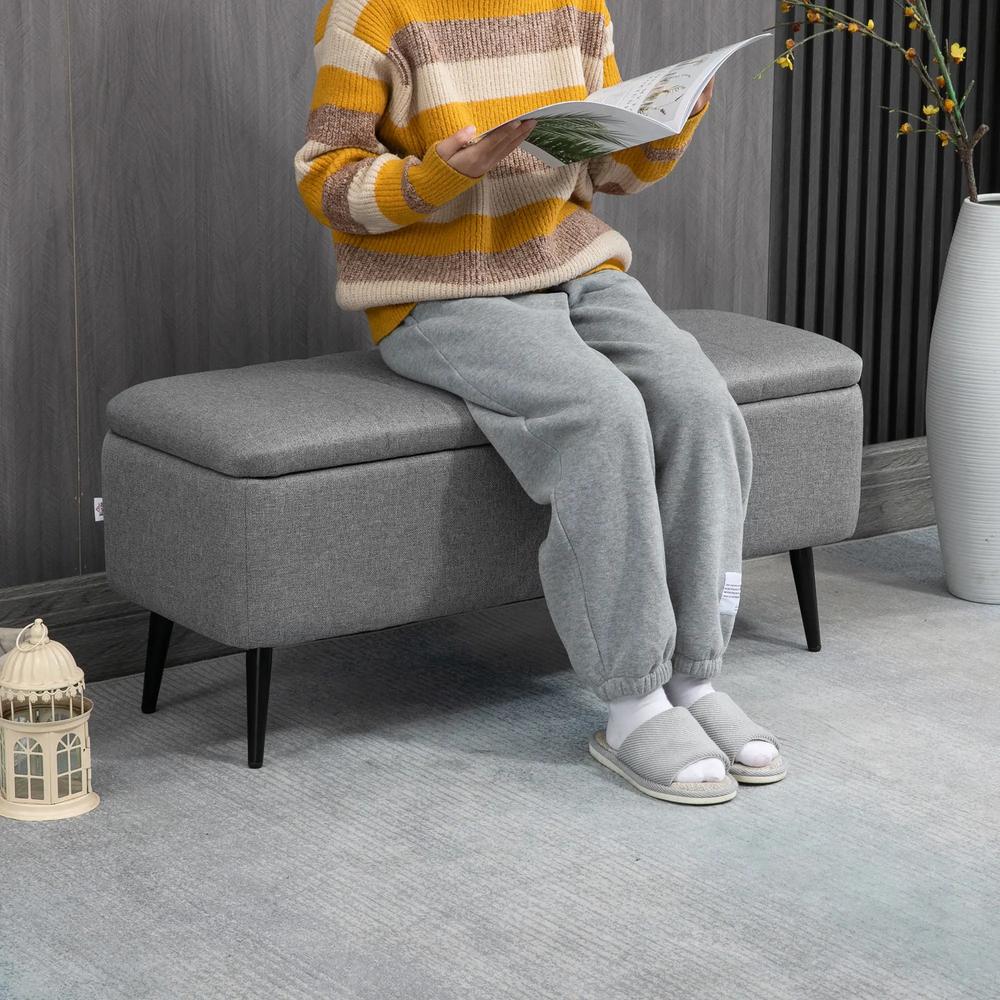 HOMCOM Storage Ottoman with Flip Top, Rectangular Upholstered Bench, Linen Look Fabric Footstool with Steel Legs for Living Room, Bedroom, Grey Additional View 7