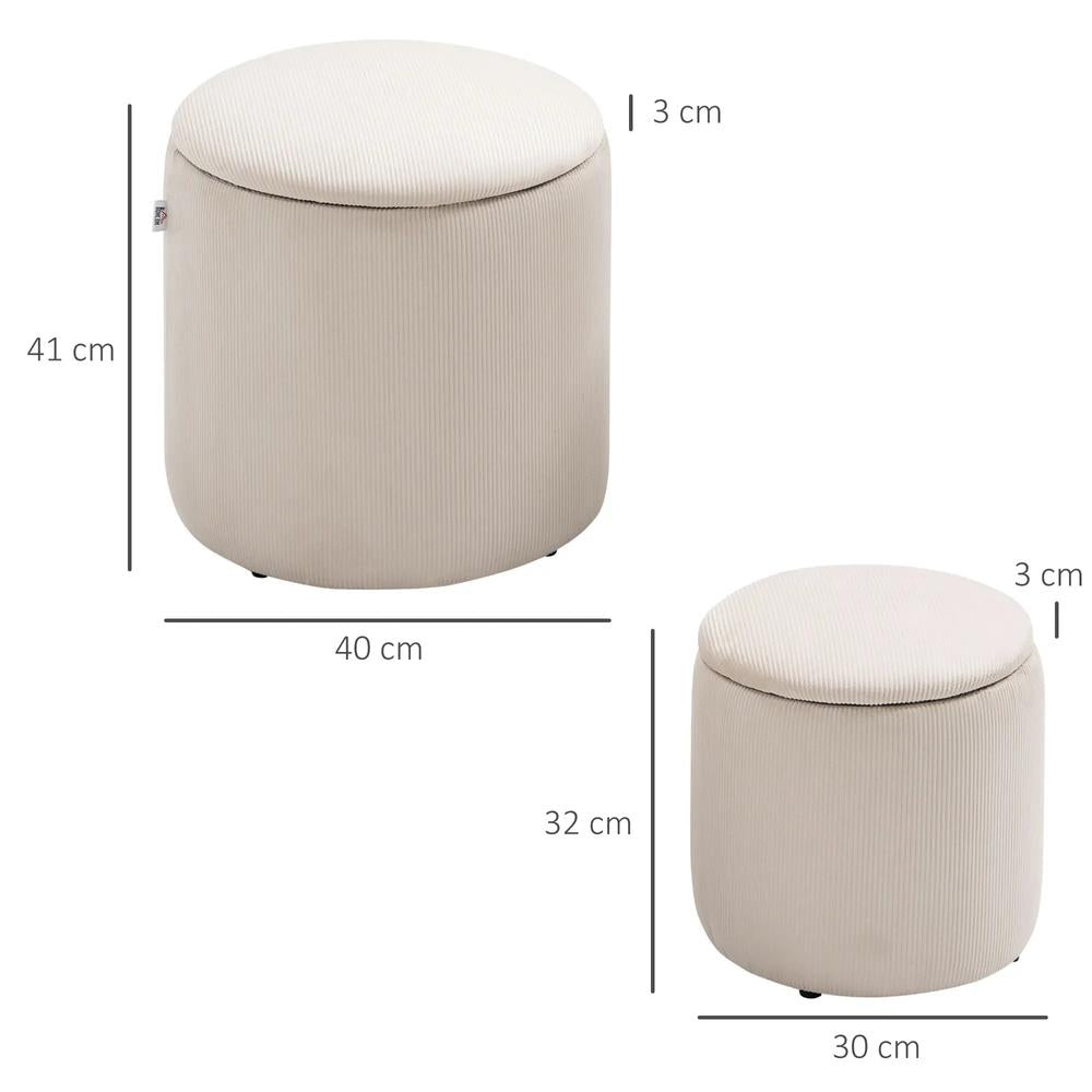 HOMCOM Set of 2 Round Ottoman with Storage, Fabric Vanity Stool for Makeup, Footrest Stool with Removable Lid for Living Room & Bedroom, Cream White Additional View 3