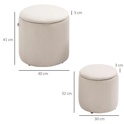 HOMCOM Set of 2 Round Ottoman with Storage, Fabric Vanity Stool for Makeup, Footrest Stool with Removable Lid for Living Room & Bedroom, Cream White Additional View 3