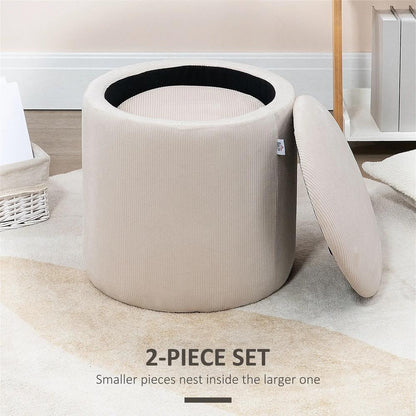 HOMCOM Set of 2 Round Ottoman with Storage, Fabric Vanity Stool for Makeup, Footrest Stool with Removable Lid for Living Room & Bedroom, Cream White Additional View 4