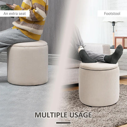 HOMCOM Set of 2 Round Ottoman with Storage, Fabric Vanity Stool for Makeup, Footrest Stool with Removable Lid for Living Room & Bedroom, Cream White Additional View 7