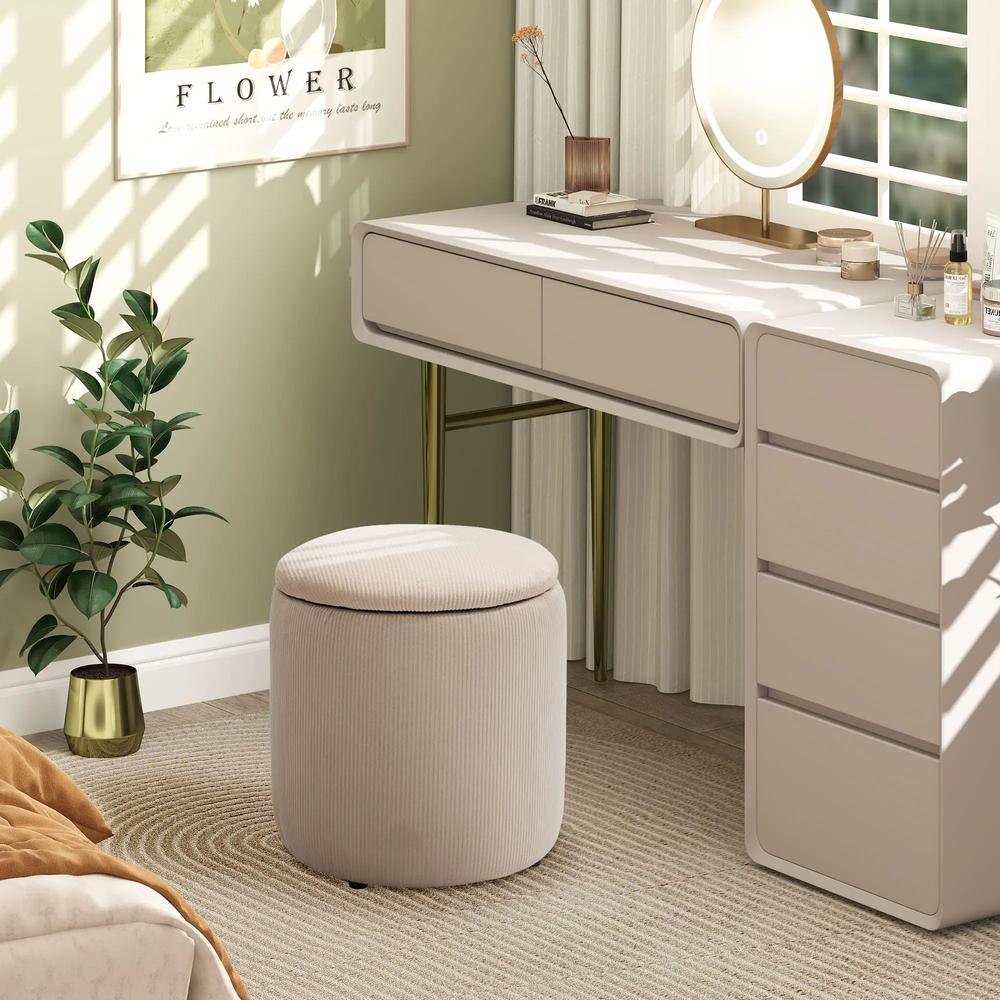 HOMCOM Set of 2 Round Ottoman with Storage, Fabric Vanity Stool for Makeup, Footrest Stool with Removable Lid for Living Room & Bedroom, Cream White Additional View 8