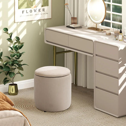HOMCOM Set of 2 Round Ottoman with Storage, Fabric Vanity Stool for Makeup, Footrest Stool with Removable Lid for Living Room & Bedroom, Cream White Additional View 8