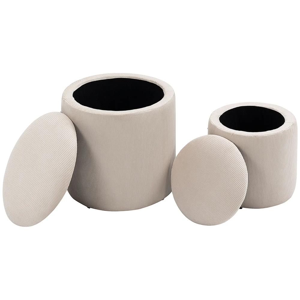 HOMCOM Set of 2 Round Ottoman with Storage, Fabric Vanity Stool for Makeup, Footrest Stool with Removable Lid for Living Room & Bedroom, Cream White Additional View 10