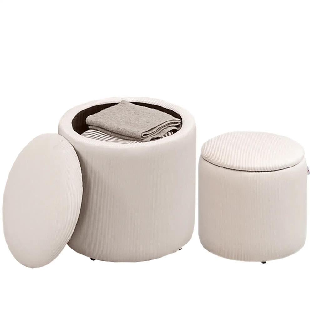 HOMCOM Set of 2 Round Ottoman with Storage, Fabric Vanity Stool for Makeup, Footrest Stool with Removable Lid for Living Room & Bedroom, Cream White