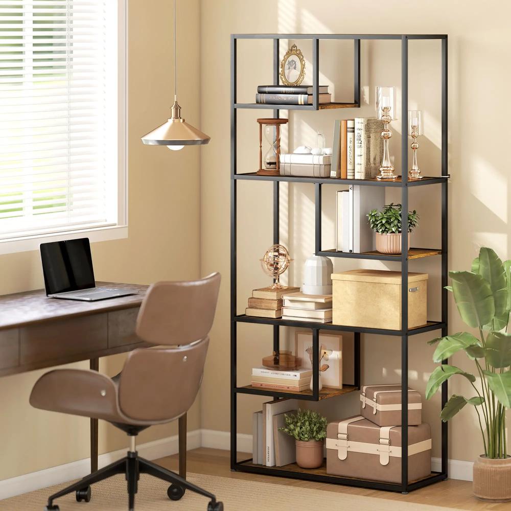 HOMCOM Industrial Bookcase Shelf, 6 Tier Metal Shelving, Storage Shelves for Living Room, Home Office, Bedroom, Rustic Brown Additional View 2