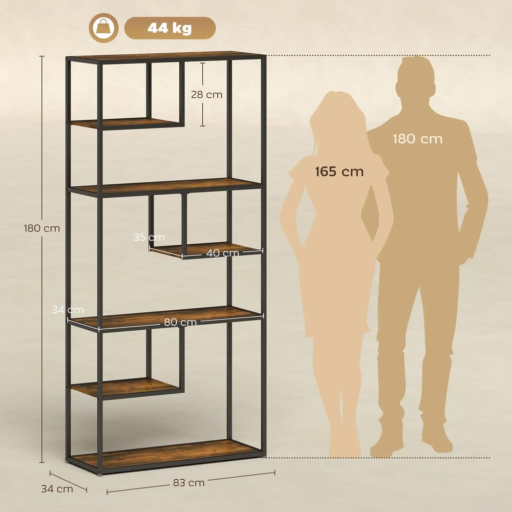 HOMCOM Industrial Bookcase Shelf, 6 Tier Metal Shelving, Storage Shelves for Living Room, Home Office, Bedroom, Rustic Brown Additional View 3