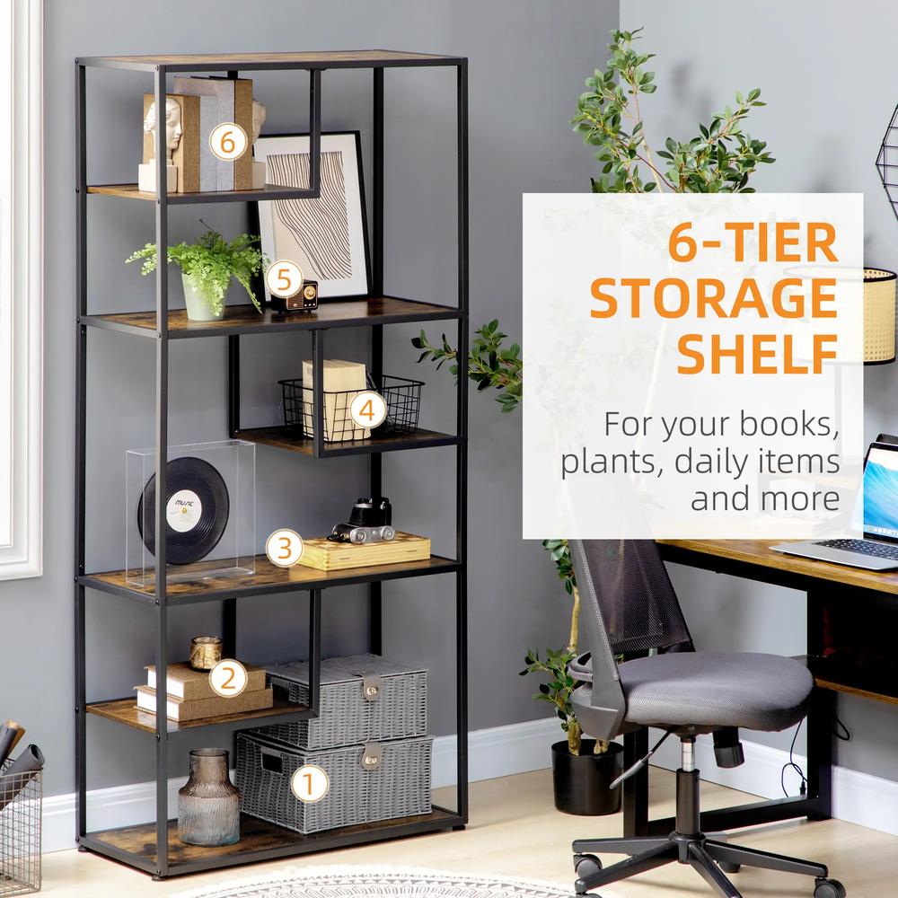 HOMCOM Industrial Bookcase Shelf, 6 Tier Metal Shelving, Storage Shelves for Living Room, Home Office, Bedroom, Rustic Brown Additional View 5