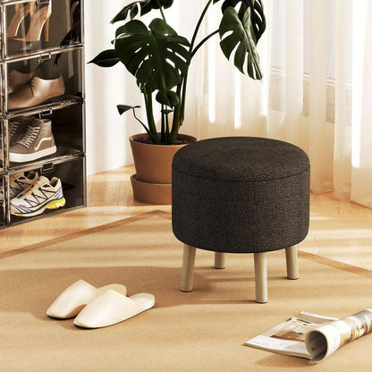 HOMCOM Round Ottoman Stool with Storage, Linen Fabric Upholstered Foot Stool with Padded Seat, Hidden Space and Wood Legs Additional View 2