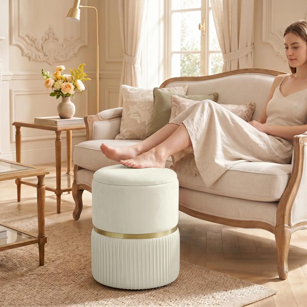 HOMCOM Round Storage Stool, Velvet-feel Fabric Upholstered Vanity Stool with Removable Top, Padded Seat and Hidden Space, Beige Additional View 14
