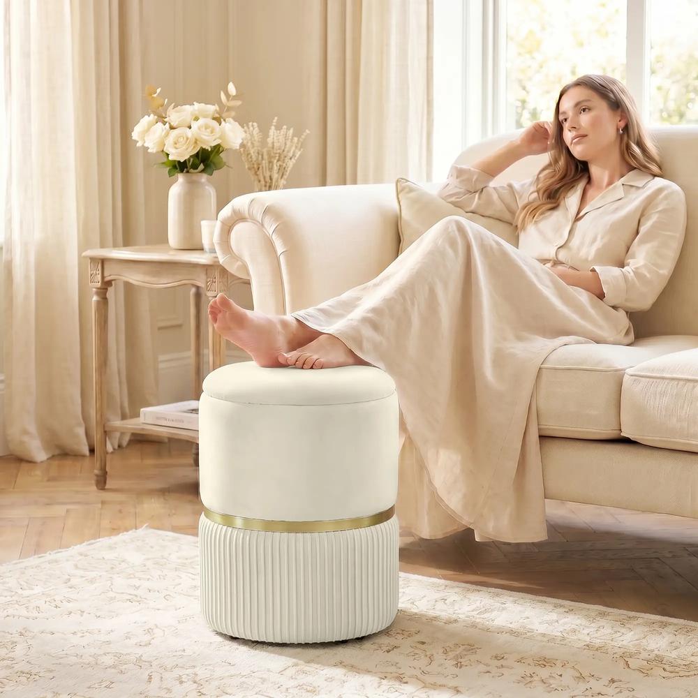 HOMCOM Round Storage Stool, Velvet-feel Fabric Upholstered Vanity Stool with Removable Top, Padded Seat and Hidden Space, Beige Additional View 2