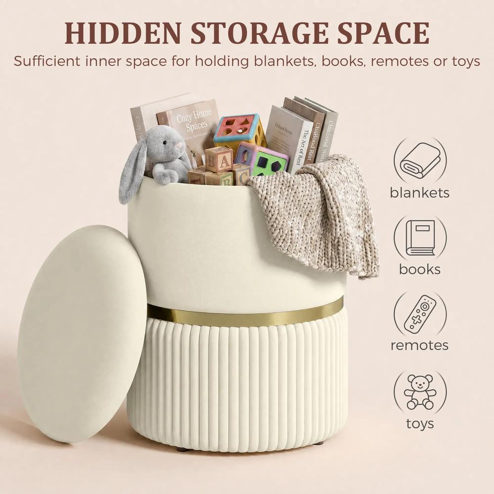 HOMCOM Round Storage Stool, Velvet-feel Fabric Upholstered Vanity Stool with Removable Top, Padded Seat and Hidden Space, Beige Additional View 4