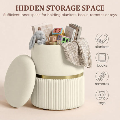 HOMCOM Round Storage Stool, Velvet-feel Fabric Upholstered Vanity Stool with Removable Top, Padded Seat and Hidden Space, Beige Additional View 4