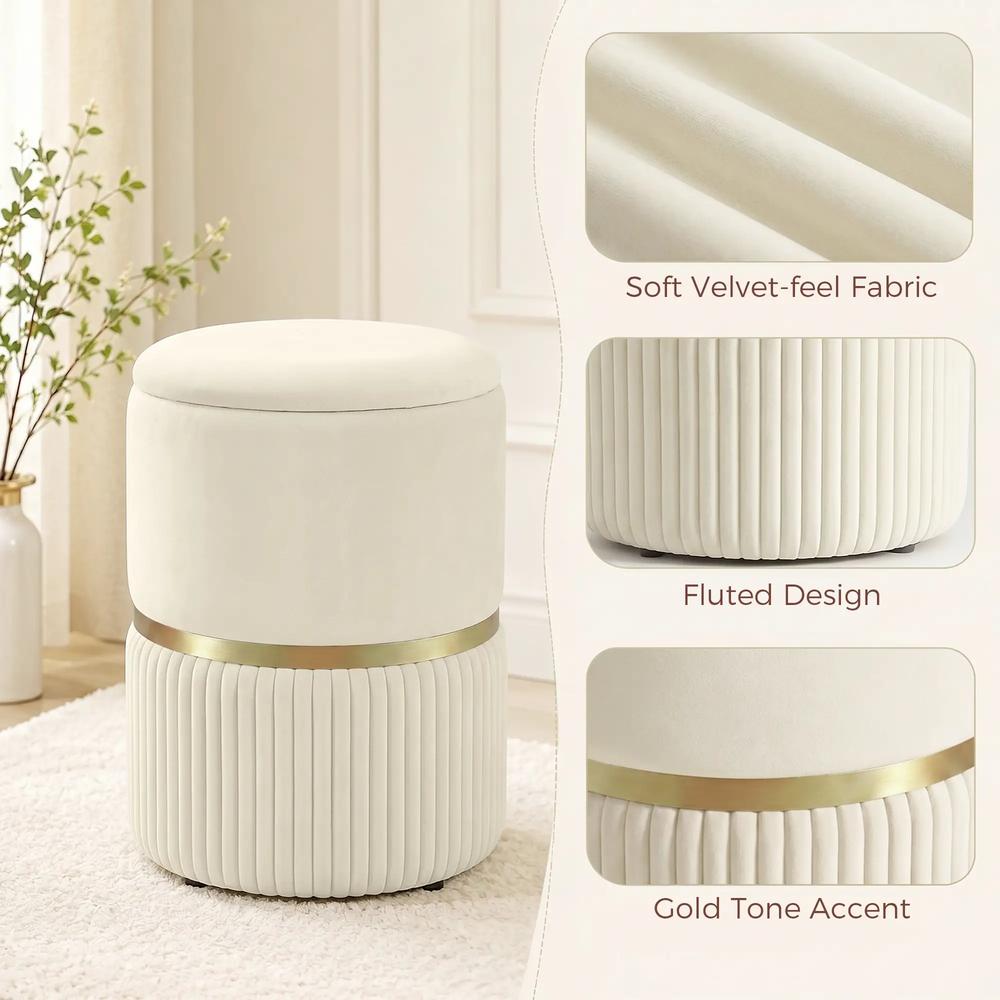 HOMCOM Round Storage Stool, Velvet-feel Fabric Upholstered Vanity Stool with Removable Top, Padded Seat and Hidden Space, Beige Additional View 5
