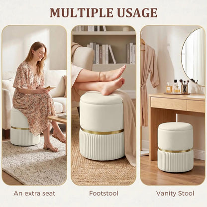 HOMCOM Round Storage Stool, Velvet-feel Fabric Upholstered Vanity Stool with Removable Top, Padded Seat and Hidden Space, Beige Additional View 6