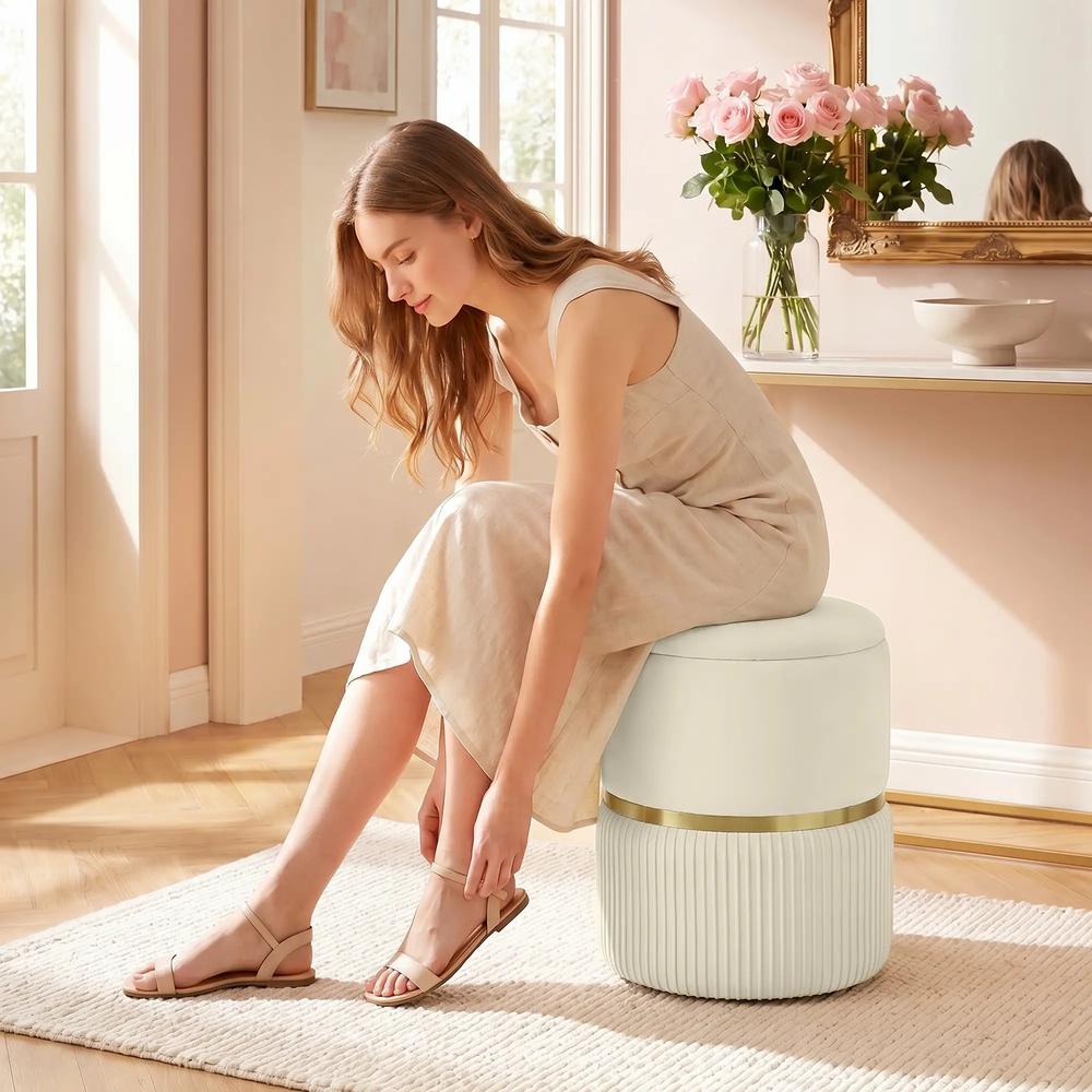 HOMCOM Round Storage Stool, Velvet-feel Fabric Upholstered Vanity Stool with Removable Top, Padded Seat and Hidden Space, Beige Additional View 8